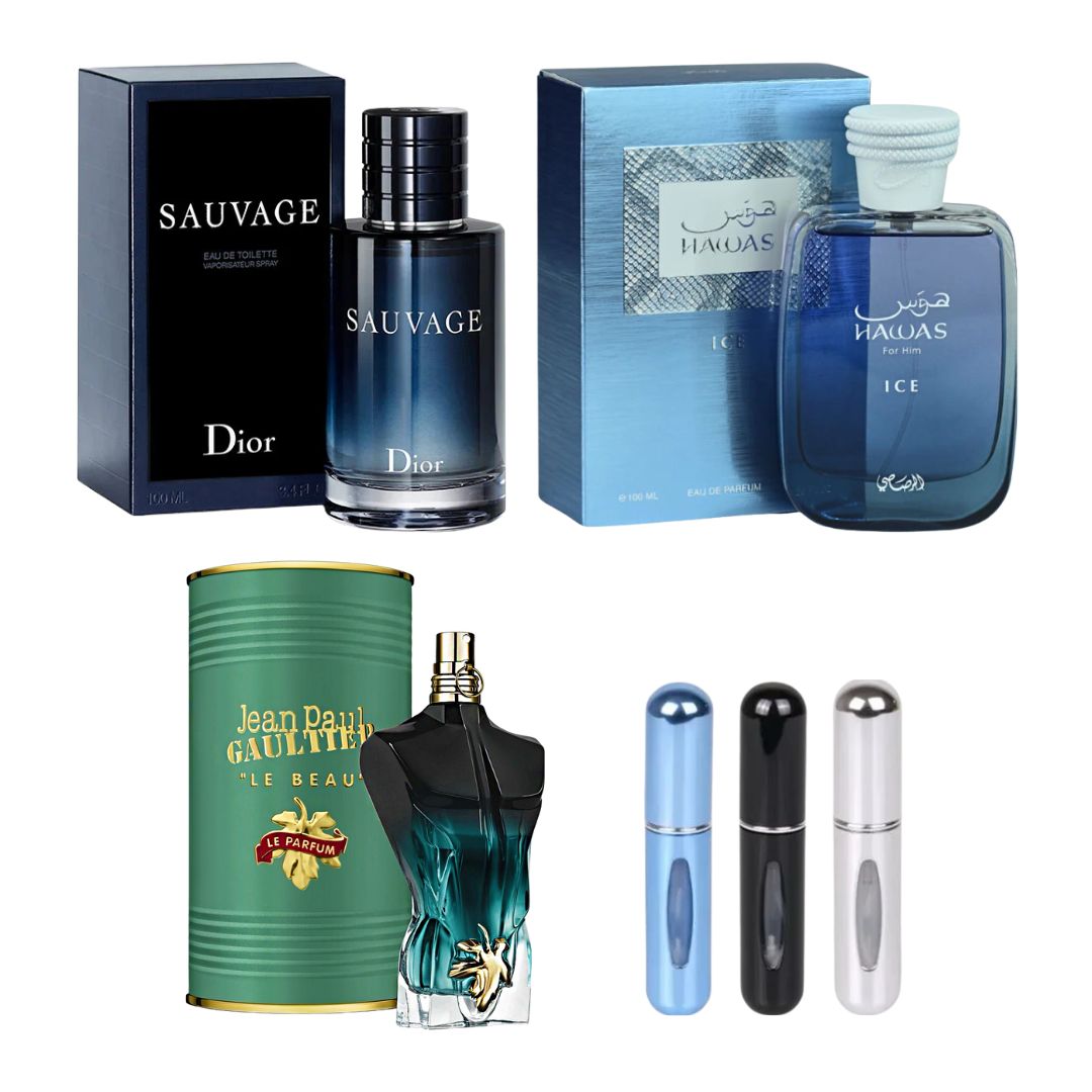 Combo Dior Sauvage + Hawas Ice + Le Beau Le Parfum + 3 Obsequios