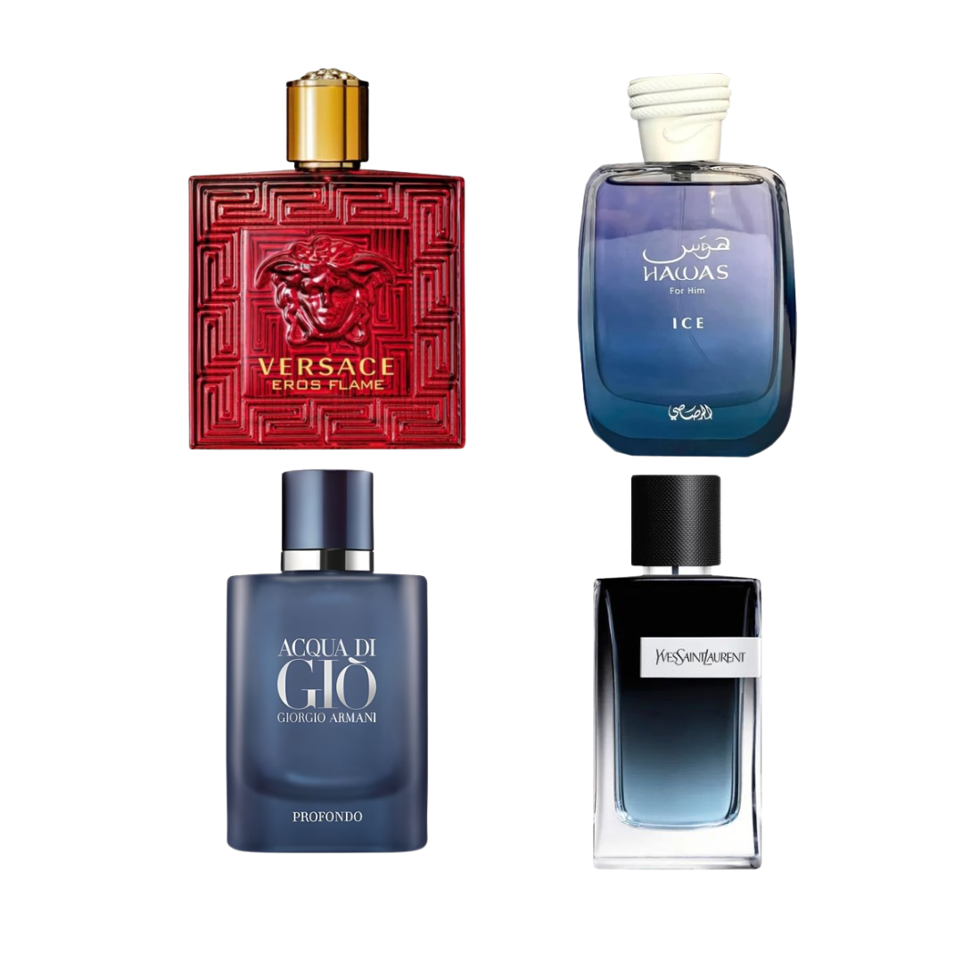 Combo Eros Flame + Hawas Ice + Yves Saint Laurent Y + Acqua di Giò Profondo